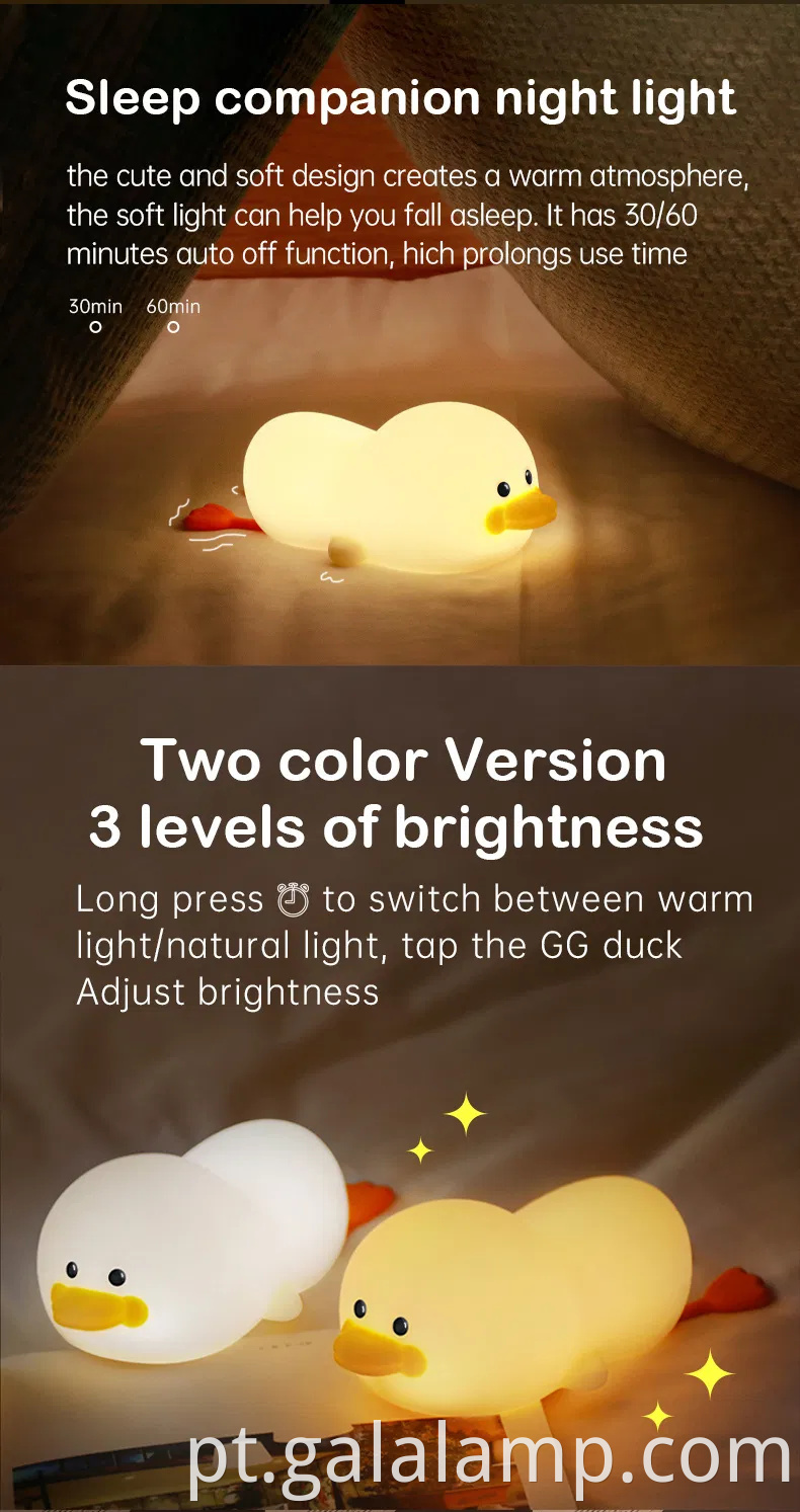 Luz noturna em forma de pato encantadora para o espaço de sono das crianças